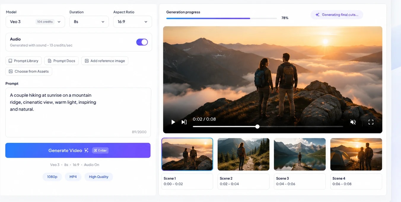A prompt describing a couple hiking at sunrise, generating a video with model, duration, and aspect ratio controls, previewed with its four generated scenes.