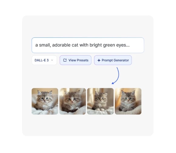 A text prompt for a small, adorable cat with bright green eyes, generating four matching cat photos.