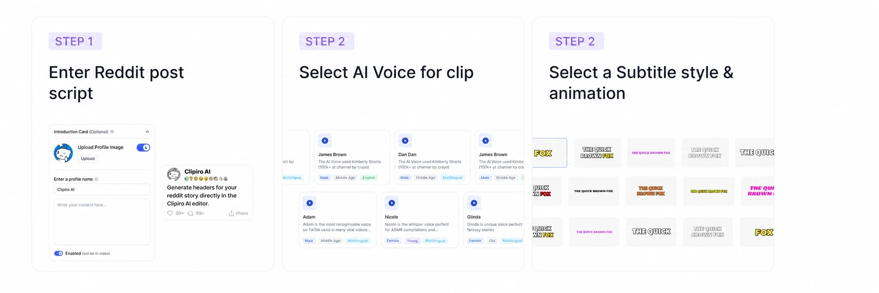 Three steps: enter a Reddit post script, select an AI voice for the clip, and choose a subtitle style and animation.